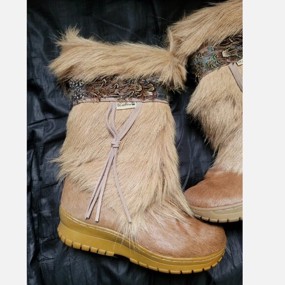BearPaw KOLA Apres Ski Boots Sz 7 Real Fur Sheepskin Calf Goat Skin Wool Tan - Picture 2 of 16